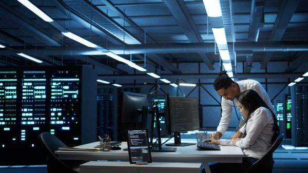 Two people working together in a server room