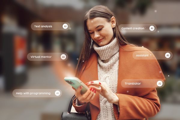 Woman using AI in various ways on her phone