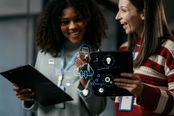 Two excited people researching