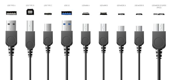 Different types of USB cables lined up next to each other to show the different shapes.