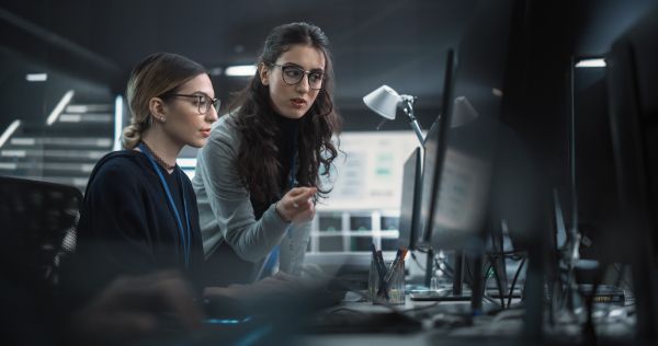 Two office workers using a computer
