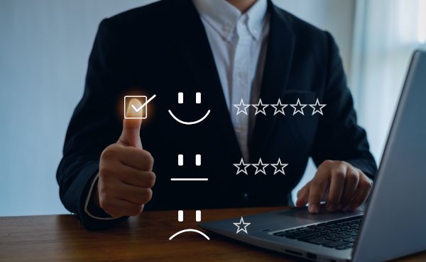 A customer leaving a five-star review for a business