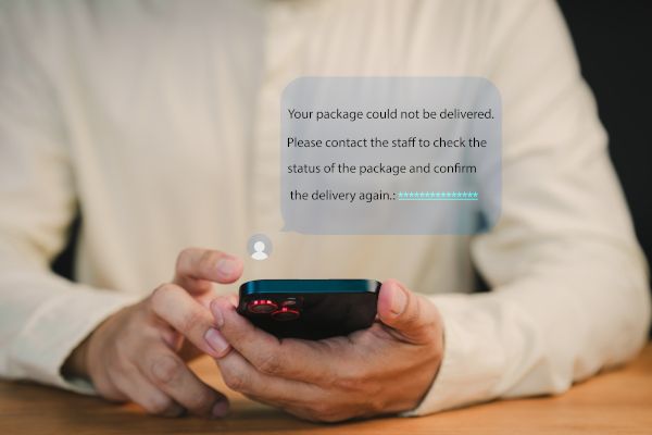 Smishing text message with a fake package delivery scam.